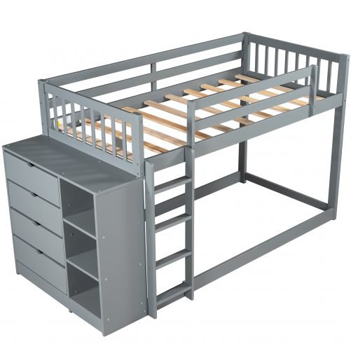 Twin over Twin Bunk Bed with Attached Cabinet and Shelves Storage