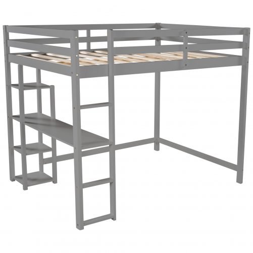 Full Size Loft Bed With Built-in Desk And Shelves