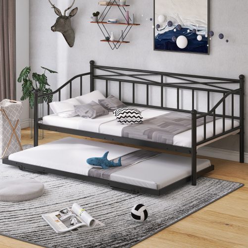 Twin Size Metal Daybed With Portable Folding Trundle