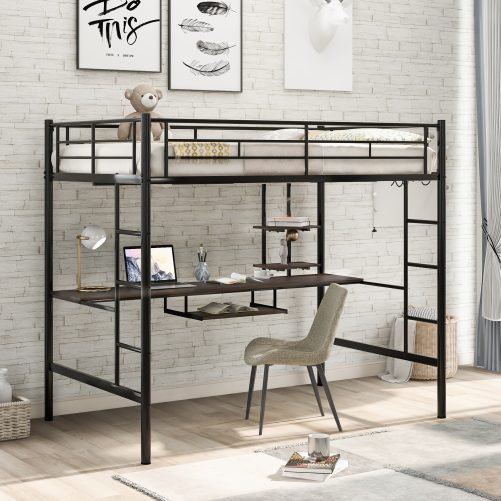 Full Size Loft Bed with Desk and Shelf, Space Saving Design