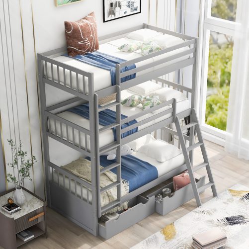 Twin Size Triple Bunk Bed with Two Drawers