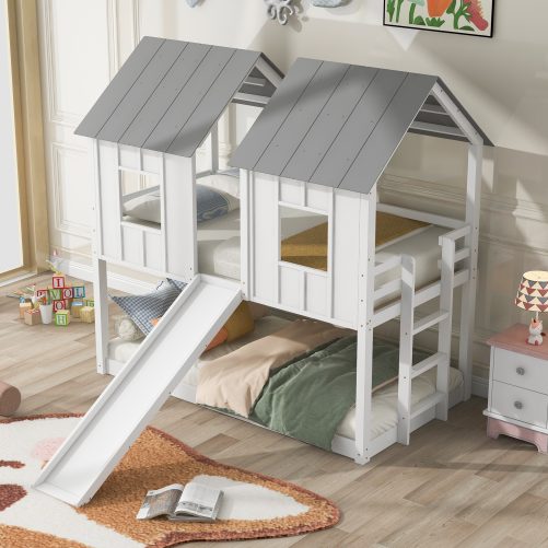 Twin over Twin House Bunk Bed with Slide and Windows