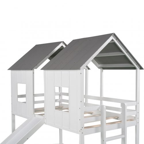 Twin over Twin House Bunk Bed with Slide and Windows