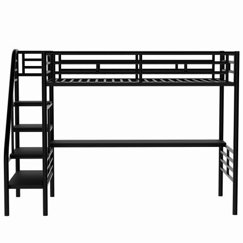 Twin Size Metal Loft Bed Frame with Desk, No Box Spring Needed