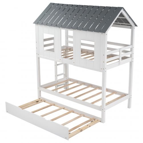 House Shape Twin Over Twin Bunk Bed With Trundle, Roof And Windows
