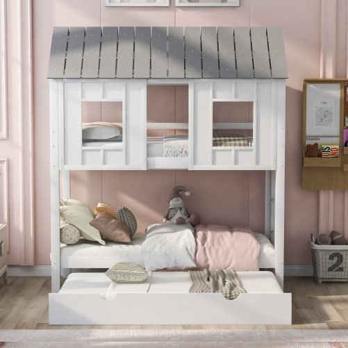 House Shape Twin Over Twin Bunk Bed With Trundle, Roof And Windows