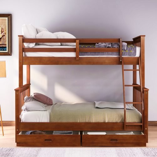 Twin-Over-Full Bunk Bed with Ladders and Two Drawers