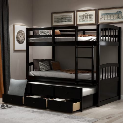 Twin Bunk Bed with Ladder, Safety Rail, Twin Trundle Bed with 3 Drawers