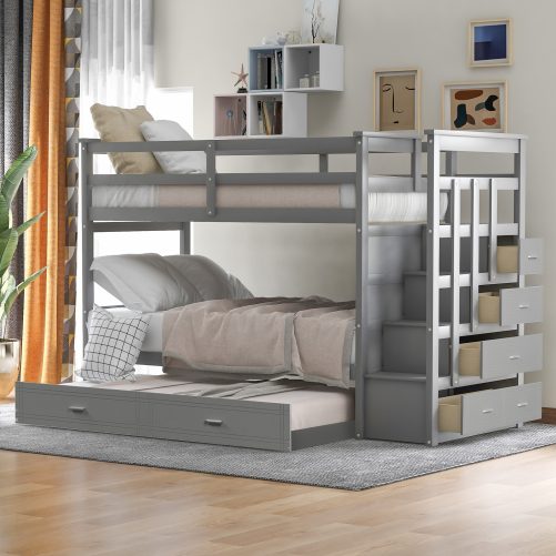 Hardwood Twin Over Twin Bunk Bed With Trundle And Staircase