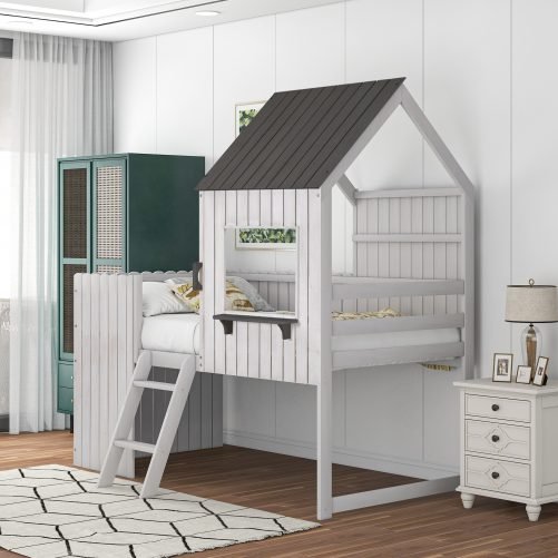 Twin Size Wooden Loft Bed with Roof, Window, Guardrail, Ladder