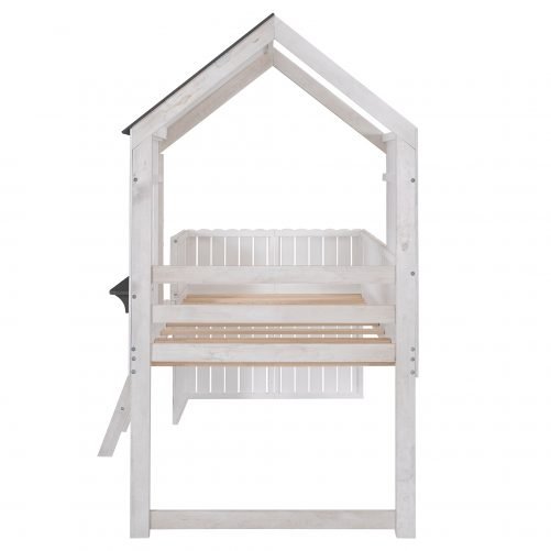 Twin Size Wooden Loft Bed with Roof, Window, Guardrail, Ladder
