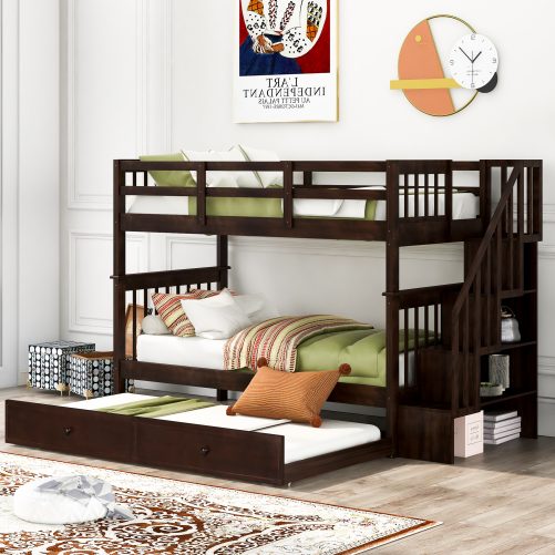 Staircase Twin Over Twin Bunk Bed With Twin Size Trundle