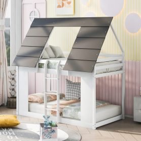 House Bunk Bed With Roof And Built-in Ladder