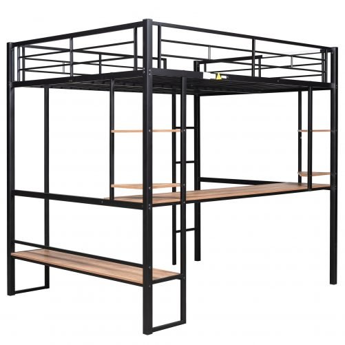 Full Size Metal&MDF Loft Bed With Long Desk And Shelves