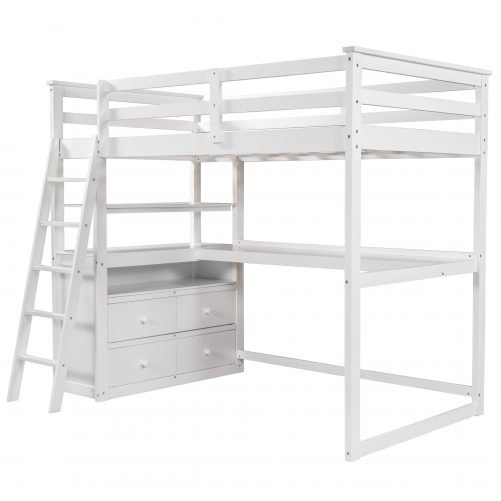 Twin Size Loft Bed With Desk And Shelves, Two Built-in Drawers