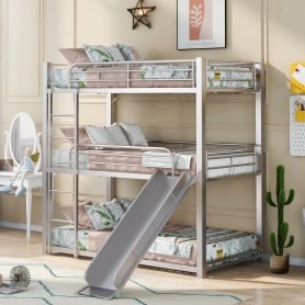 Metal Twin Size Triple Bunk Bed With Built-In Long Ladder And Slide