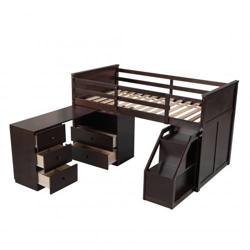 Low Study Twin Size Loft Bed With Storage Steps And Portable Desk