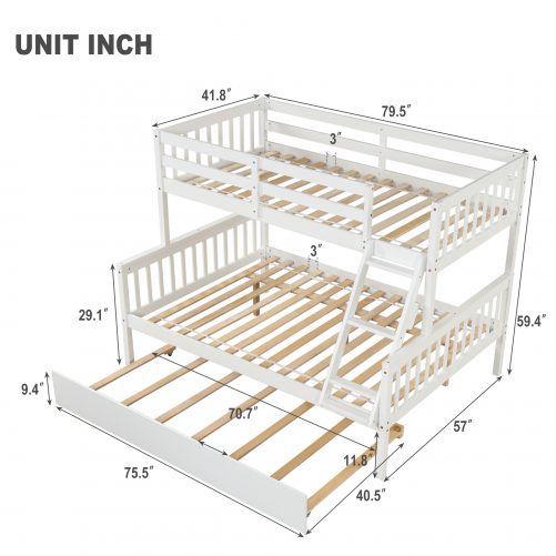 Solid Pine Wood Twin Over Full Bunk Bed with Trundle, Safety Rail and Ladder