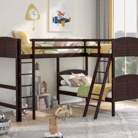 L-Shaped Twin Over Twin Bunk Bed And Twin Size Loft Bed With Ladders