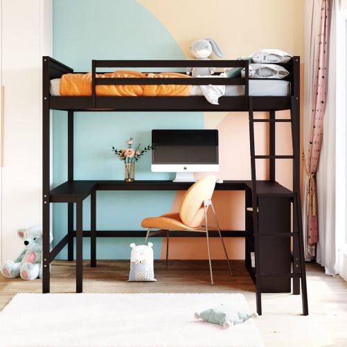 Wooden Full Size Loft Bed With Shelves And Desk