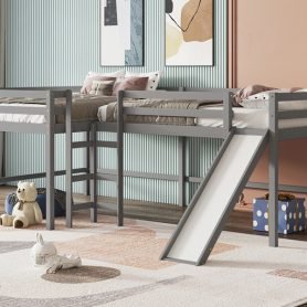 L-Shaped Full Size Loft Bed With Built-in Ladders And Slide