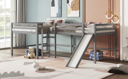 L-Shaped Full Size Loft Bed With Built-in Ladders And Slide