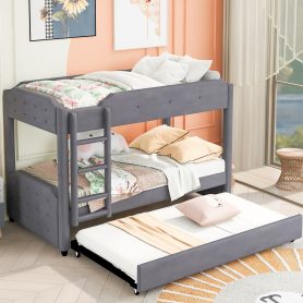 Twin over Twin Upholstered Bunk Bed with Trundle,Headboard and Footboard Design