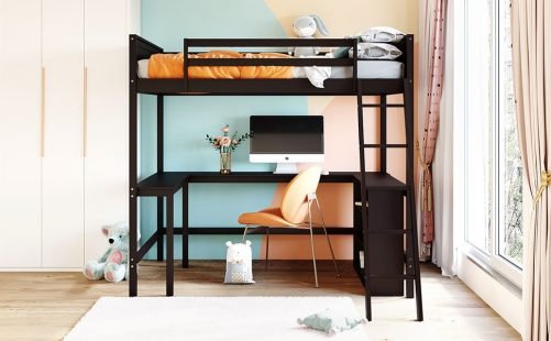 Wooden Full Size Loft Bed With Shelves And Desk