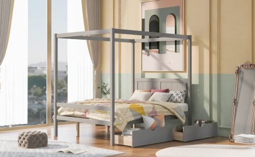 Full Size Canopy Platform Bed With Two Drawers