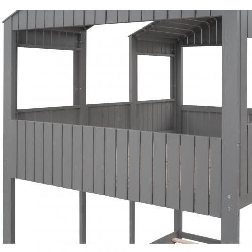 Full Over Full Wood Bunk Bed With Roof, Window, Guardrail, Ladder