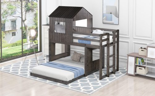 Wooden Twin Over Full Bunk Bed With Playhouse, Ladder And Guardrails