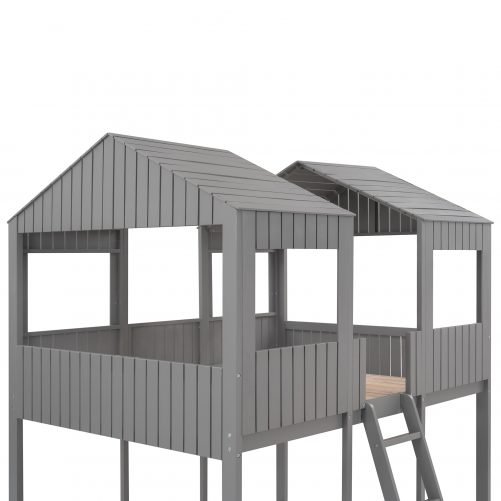 Full Over Full Wood Bunk Bed With Roof, Window, Guardrail, Ladder