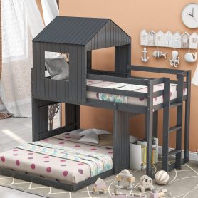 Wooden Twin Over Full Bunk Bed  With Playhouse, Farmhouse, Ladder And Guardrails