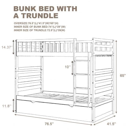 Twin Bunk Beds With Safety Rail And Movable Trundle Bed