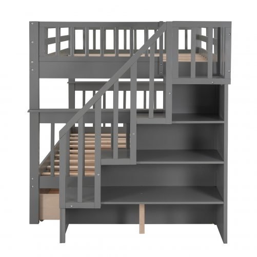 Stairway Full Over Full Bunk Bed with Storage, Drawer and Guard Rail