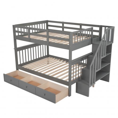 Stairway Full Over Full Bunk Bed with Storage, Drawer and Guard Rail