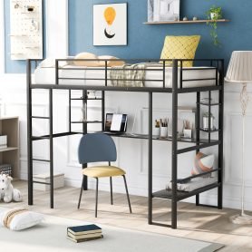 Twin Size Loft Metal Bed With Long Desk And Shelves