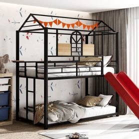 Metal Twin Over Twin House Bunk Bed With Slide