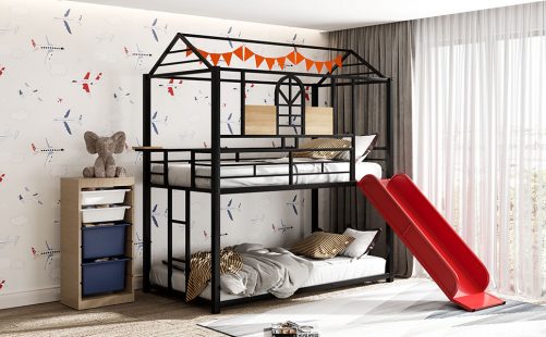Metal Twin Over Twin House Bed With Slide
