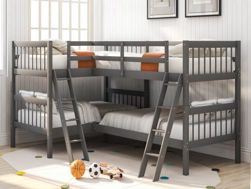 L-Shaped Bunk Bed With Ladder, Twin Over Twin