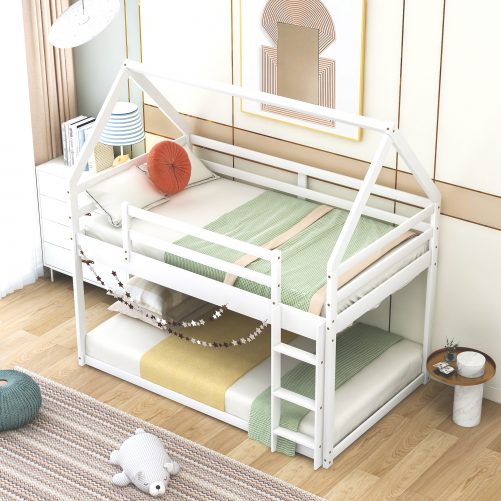 Twin Over Twin Low Bunk Bed With Ladder, House Shape