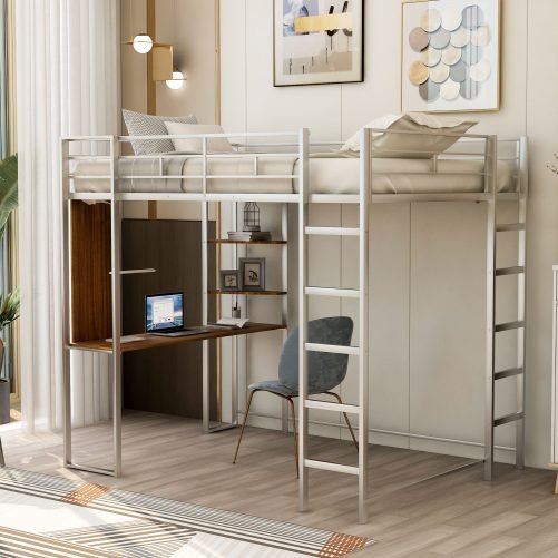 Full Size Metal Loft Bed With 2 Shelves And One Desk