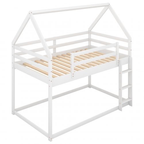 Twin Over Twin Low Bunk Bed With Ladder, House Shape