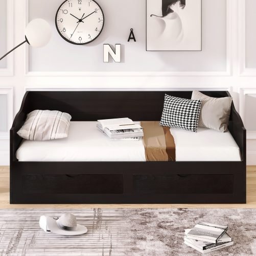 Wooden Extendable Daybed With Trundle Bed And Two Storage Drawers