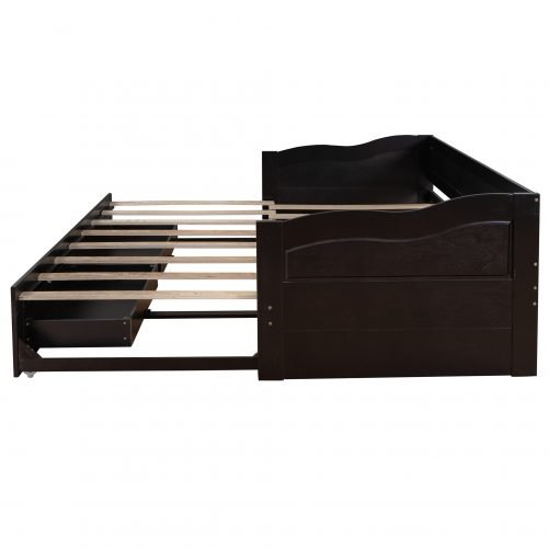 Wooden Extendable Daybed With Trundle Bed And Two Storage Drawers