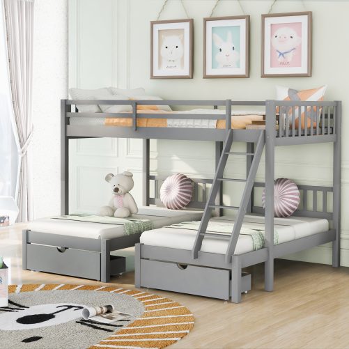 Wooden Triple Bunk Bed With Drawers And Guardrails