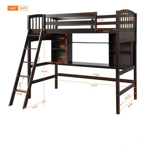 Twin Size Loft Beds With Storage Shelves, Desk And Ladder