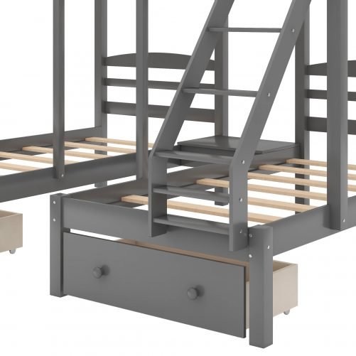 Full Over Twin & Twin Bunk Bed With Drawers, Gray