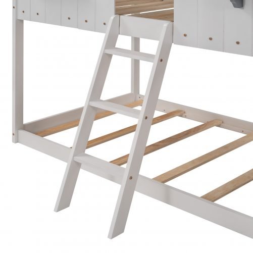 Twin Over Twin Wood Bunk Beds With Roof, Window, Guardrail, Ladder