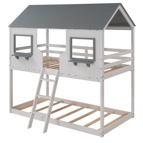 Twin Over Twin Wood Bunk Beds With Roof, Window, Guardrail, Ladder